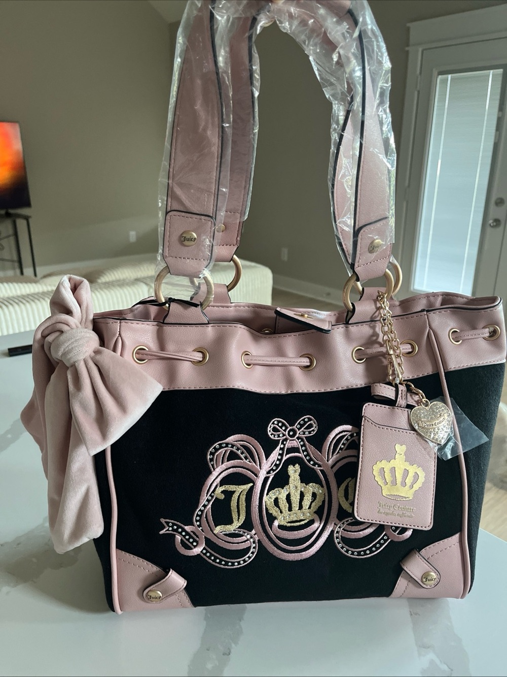 Juicy Couture Black and Pink Embroidered Crown Shoulder Bag